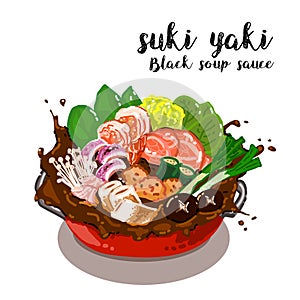 Suki yaki with black soup sauce.