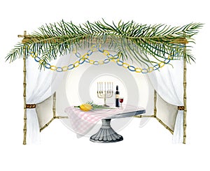 Sukkah with palm leaves, paper decorations and Jewish Sukkot symbols, menorah, wine, lulav on table illustration