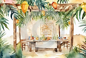 Sukkah symbolic temporary hut for celebration of Jewish Holiday Sukkot