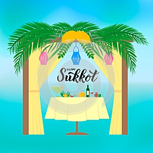 Sukkah with table, traditional Jewish symbols and hand lettering Happy Sukkot. Israel holiday typography poster. Vector template