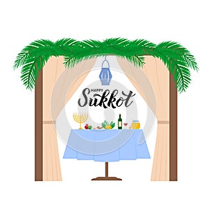 Sukkah with table, traditional Jewish symbols and lettering Happy Sukkot. Israel holiday typography poster. Vector template for