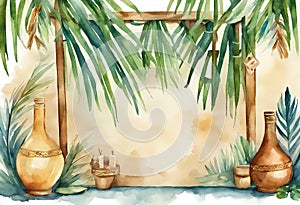 Sukkah watercolor illustration for Jewish Sukkot holiday. Succah hut