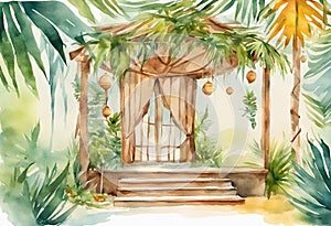 Sukkah watercolor illustration for Jewish Sukkot holiday. Succah hut