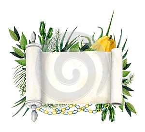 Sukkot banner tempate with blank Torah scroll and symbols watercolor illustration. Etrog, hadass, lulav, aravah