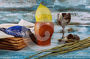 Sukkot Jewish festival of traditional religious symbol Etrog, lulav, hadas, arava kippah tallit praying book