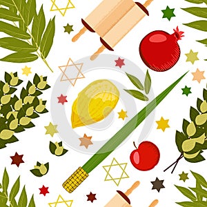 Sukkot. Judaic holiday. Traditional symbols - Etrog, lulav, hadas, arava. Torah scroll. Apple, pomegranate, figs. Star of David. S