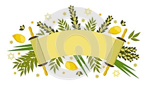 Sukkot, Simchat Torah. Judaic holiday. Etrog, lulav, hadas, arava. Torah scroll. photo