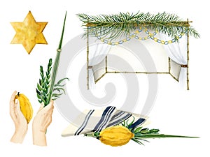 Sukkot symbols, sukkah, tallit, waving the Lulav and yellow gold star of David watercolor illustration set