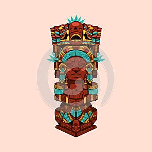 Ancient Mayan sculpture vector. Aztec ornament. Dark red, skyblue and yellow photo