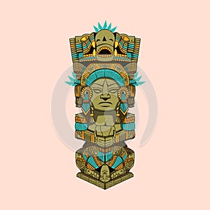 Ancient Mayan sculpture vector. Aztec ornamen. Green, skyblue and yellow photo