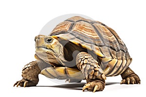 Sulcata tortoise on a white background.