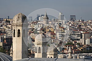 Suleymaniye Bath Roofs and Galata Tower in Istanbul, Turkey
