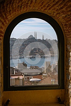 Suleymaniye Mosque and cityscape of Istanbul view from a window of Galata Tower