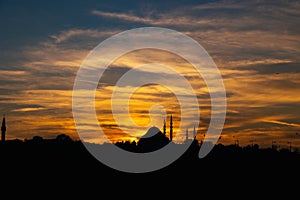 Suleymaniye Mosque and dramatic clouds at sunset. Ramadan or islamic concept