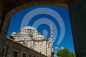 The Suleymaniye Mosque in Istanbul, Turkey, during a sunny day with blue sky