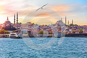 The Suleymaniye Mosque and the Rustem Pasha Mosque, view from the Bosphorus, Istanbul, Turkey