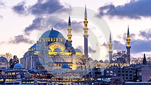 Suleymaniye mosque in Sultanahmet district old town of Istanbul, Turkey, Sunset in Istanbul, Turkey with Suleymaniye Mosque,