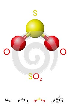Sulfur dioxide, SO2, molecule model and chemical formula photo