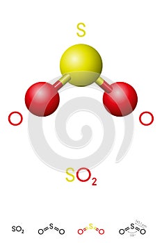 Sulfur dioxide, SO2, molecule model and chemical formula