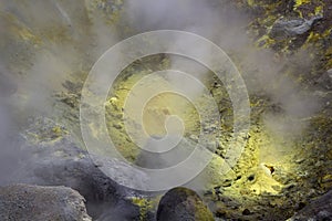 Sulfur fumarole in crater active Mutnovsky Volcano. Russia, Far