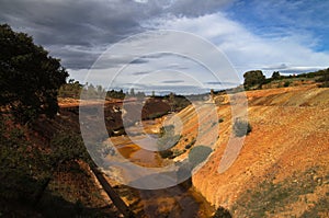 Sulfur and iron polluted river amongst gravel and scoria fields