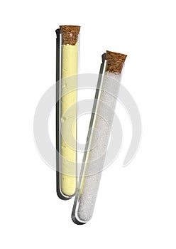 Sulfur Powder and Di-Ammonium Phosphate in test tube with cork cap. Cosmetic chemicals ingredient on laboratory table. Top View