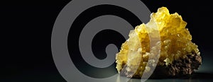 Sulfur is rare precious natural stone on black background. AI generated. Header banner mockup with space.