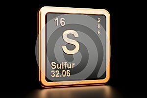 Sulfur S chemical element. 3D rendering