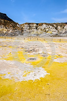 Sulfur in the Stefanos crater on Nisyros in Greece