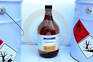 Sulfuric acid in bottle, chemical in the laboratory