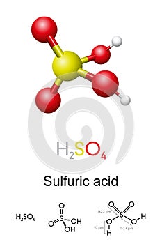 Sulfuric acid, H2SO4, ball-and-stick model, molecular and chemical formula photo