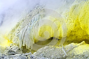 Sulfurous fumaroles in volcano Mount Sinabung