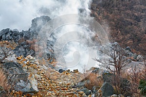 The sulfurous fumes of Owakudani  Valley.  Hakone area. Honshu. Japan