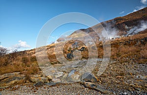 The sulfurous fumes on the slope of Owakudani  Valley.  Hakone area. Honshu. Japan