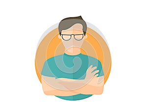 Sullen and gloomy handsome man in glasses, offended guy. Flat design icon. Morose, moody emotion. Simply editable isolated on whit photo