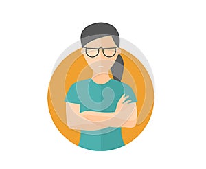 Sullen and gloomy pretty girl in glasses, offended woman. Flat design icon. Morose, moody emotion. Simply editable isolated on whi photo