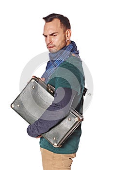Sullen sad man with suitcase