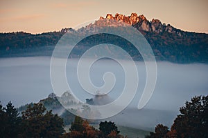 Sulov Rocks in Autumn mist, beautiful nature scenery, Slovakia