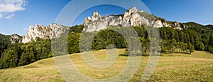 Súľovské skály, přírodní rezervace na Slovensku, panorama se skalami a loukou