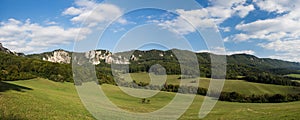 Sulov rocks, nature reserve in Slovakia, panorma with rocks and meadow