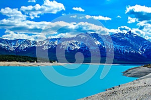 Sulpher blue waters at rest. Abraham Lake Banff National Park Alberta Canada photo