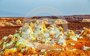 Sulphur minerals forms with volcanic landscape of Danakil Depression desert, Afar region, Ethiopia photo