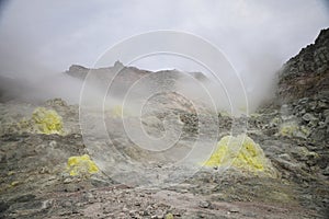 Sulphur pieces on Iozan (sulfur mountain) active volcano area, Akan National Park, Hokkaido, Japan