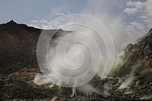 Sulphur pieces on Iozan (sulfur mountain) active volcano area, Akan National Park, Hokkaido, Japan