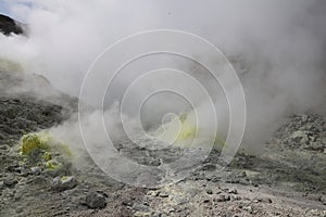 Sulphur pieces on Iozan (sulfur mountain) active volcano area, Akan National Park, Hokkaido, Japan