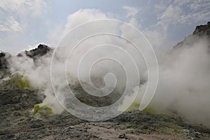 Sulphur pieces on Iozan (sulfur mountain) active volcano area, Akan National Park, Hokkaido, Japan