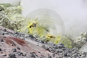 Sulphur pieces on Iozan (sulfur mountain) active volcano area, Akan National Park, Hokkaido, Japan