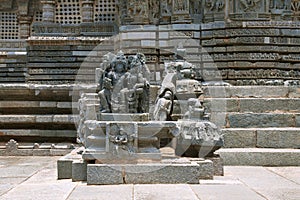 Sulpture of Vishnu and Lakshmi. The vehicle Garuda is also seen. Kedareshwara Temple, Halebid, Karnataka