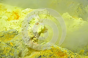 Sulpur and steam vents on White Island, New Zealand`s most active cone volcano