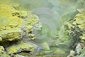 Sulpur and steam vents on White Island, New Zealand`s most active cone volcano photo